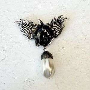 Vintage Botticelli Silver Rose & Huge Simulated Teardrop Baroque Pearl Brooch